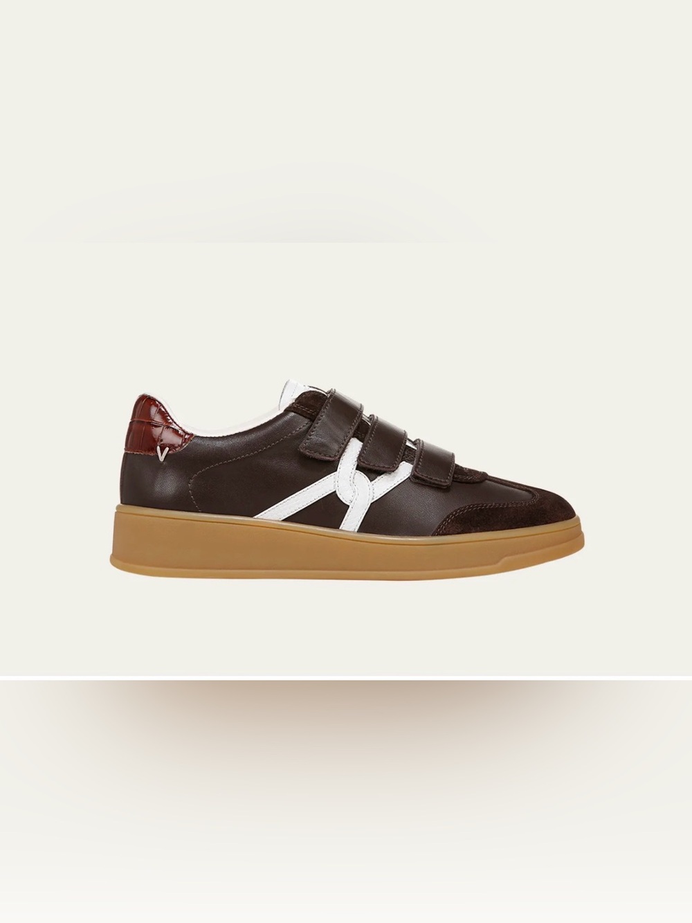 Veronica Beard Brown Leather Velcro Sneakers with White Stripe and Gum Sole